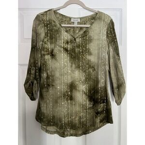 Dressbarn Womens Olive Green Tie Dye Sequin Embroidered Roll Tab Sleeve Top S